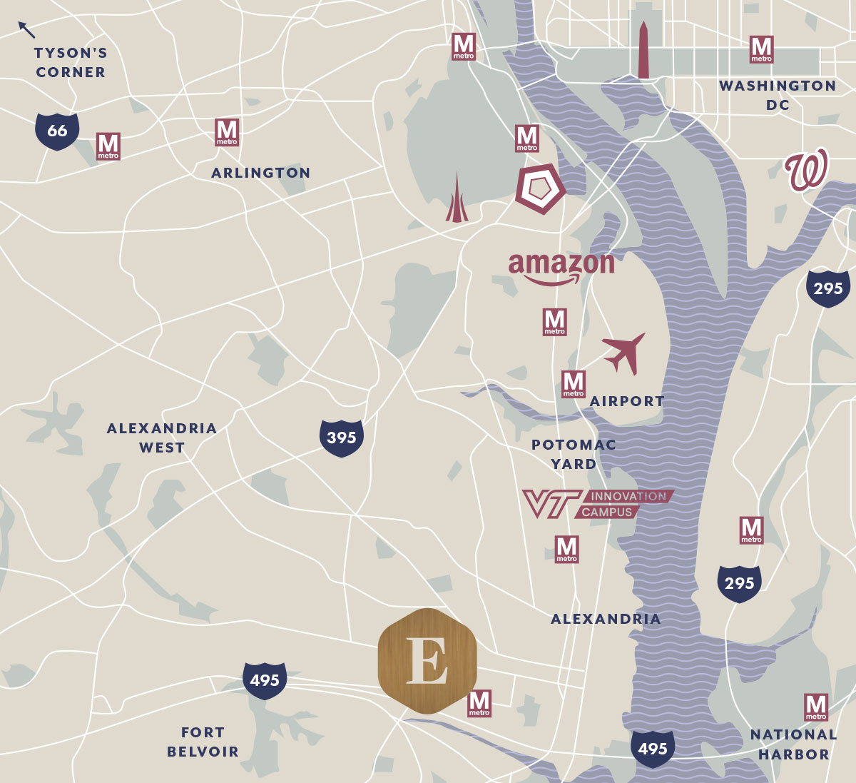 A map showing Easton's proximity to landmarks aroud Alexandria, Arlington, and DC